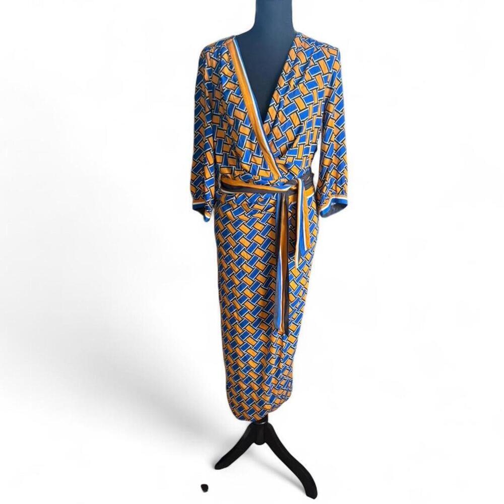 Patrizia Aryton royal blue and Siena unique pattern wrap dress with belt Size: 8
